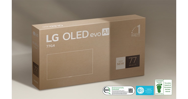 LG OLED-Verpackung vor beigem Hintergrund.