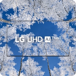 Die Logos von TV und LG UHD befinden sich in der Mitte – eisbedeckte Winterbäume sind auf dem TV-Display und im Hintergrund zu sehen.