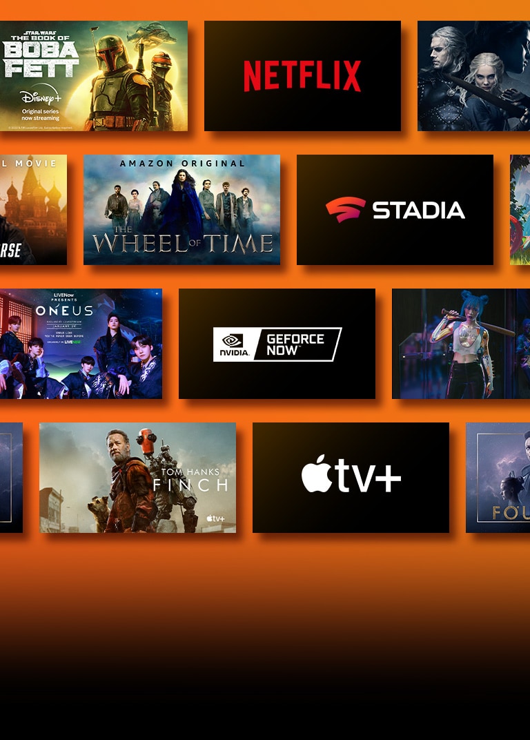 Die Logos der Streaming-Dienste sind abgebildet und daneben die passenden Ausschnitte aus Filmen und Serien. Netflix-Logo mit Haus des Geldes und The Witcher. Disney-Logo mit Das Buch von Boba Fett Stadia-Logo mit Journey to the Savage Planet und The Legend of Heroes: Trails of Cold Steel III. Prime-Video-Logo mit Tom Clancy’s Gnadenlos und Das Rad der Zeit. LIVENow-Logo und mamamoo-Teaserbild und OneUs-Teaserbild. NVIDIA-Geforce-Now-Logo mit Ausschnitten aus den Spielen Cyberpunk 2077 und Splitgate. Apple-TV-plus-Logo mit Foundation und Finch. 