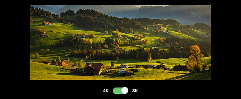 Szenische Ansicht eines Feldes vor dem Himmel. Unter dem Bild befindet sich eine Taste, auf der links 4K und rechts 8K steht. Die Farben des Bildes werden kräftiger, als die Taste auf 8K eingestellt wird.