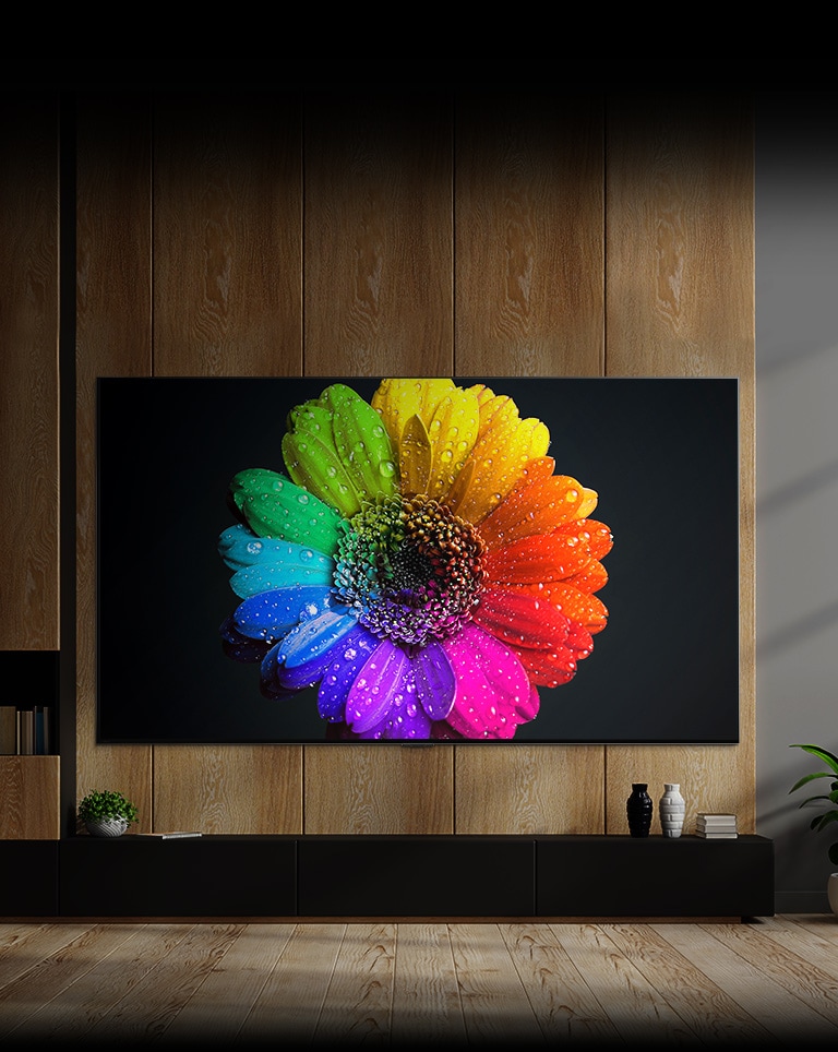 Die Mini-LEDs im Inneren des Fernsehers leuchten auf und füllen den gesamten Bildschirm aus und verwandeln sich am Ende in eine farbenfrohe Blume auf dem Fernseher.