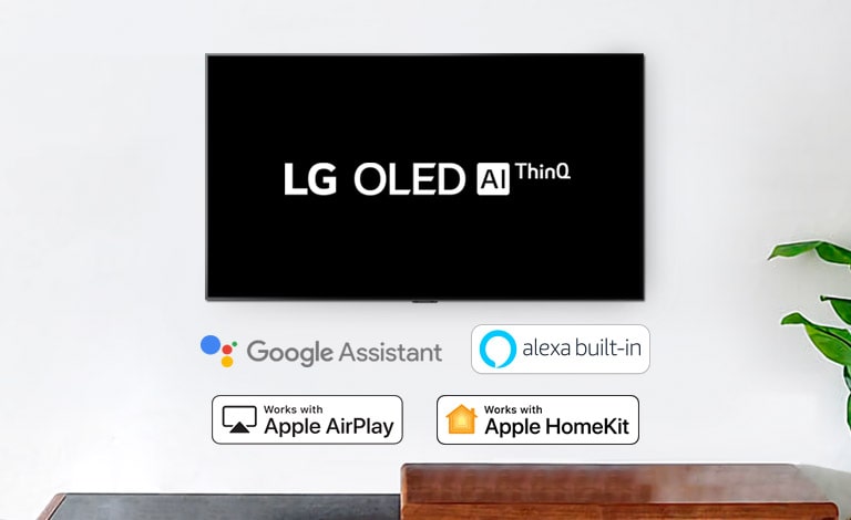 Ein an der Wand angebrachter Fernseher zeigt das Logo von LG OLED AI ThinQ vor schwarzem Hintergrund an.