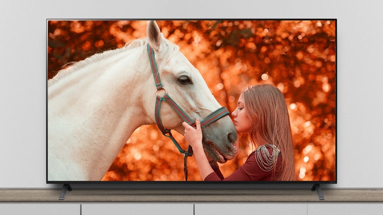 Der Fernseher steht auf dem Standfuss, und auf dem Bildschirm ist eine Szene aus einem Film mit einem Pferd und einer Frau zu sehen.