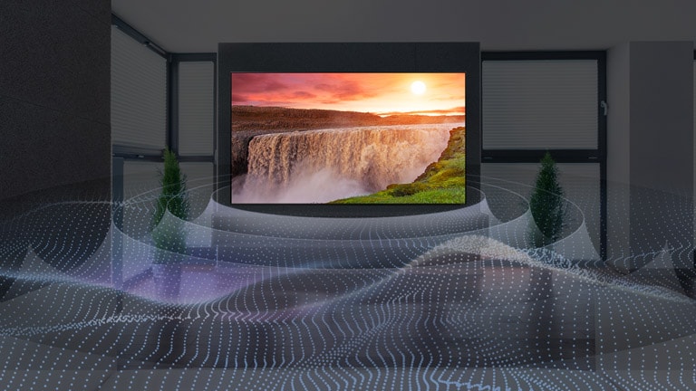 Riesiger Wasserfall im Fernsehen mit Surround-Sound-Grafik