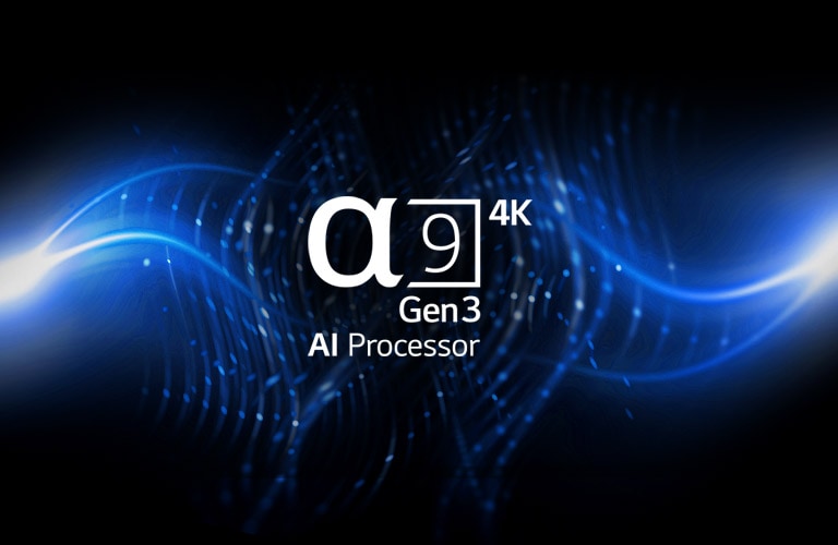 Logo des α9 AI Processor der 3. Generation vor einer schwarzen und blauen Hintergrundgrafik