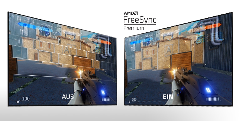 Zwei TV-Bildschirme nebeneinander, die einen Ego-Shooter zeigen. Auf der linken Seite ist FreeSync ausgeschaltet, auf der rechten Seite ist FreeSync eingeschaltet.