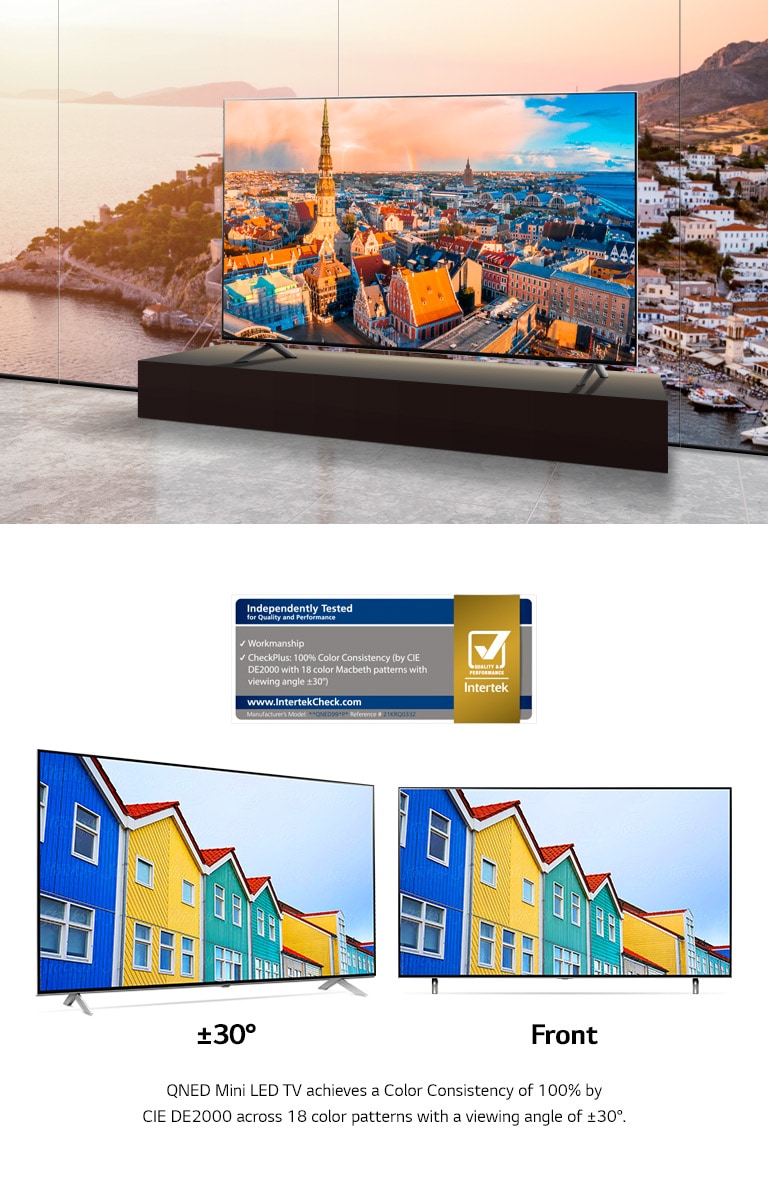 3 Bilder von grossformatigen LG QNED MiniLED TVs, die in verschiedenen modernen Interieurs an der Wand montiert sind.