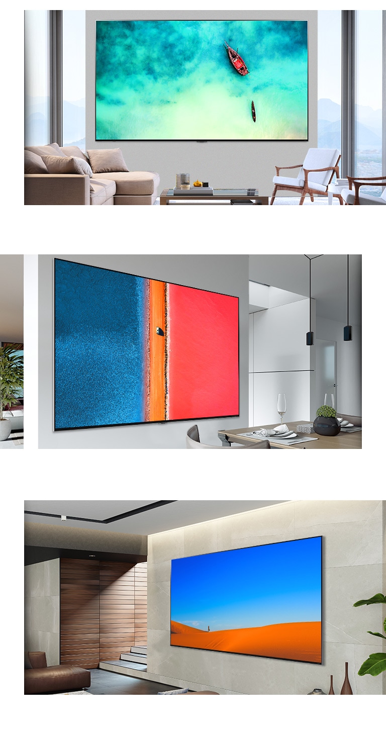 3 Bilder von grossformatigen LG QNED MiniLED TVs, die in verschiedenen modernen Interieurs an der Wand montiert sind.