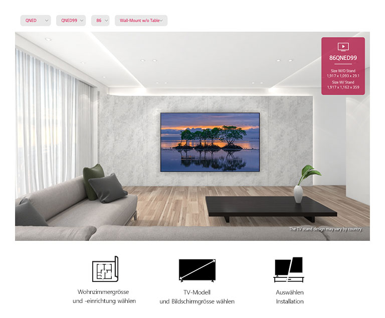 Ein grosser Flachbildfernseher, montiert an einer grauen Wand, umgeben von modernen grauen und schwarzen Einrichtungsgegenständen. Der Bildschirm zeigt drei Bäume, die sich bei Sonnenuntergang im Wasser spiegeln.