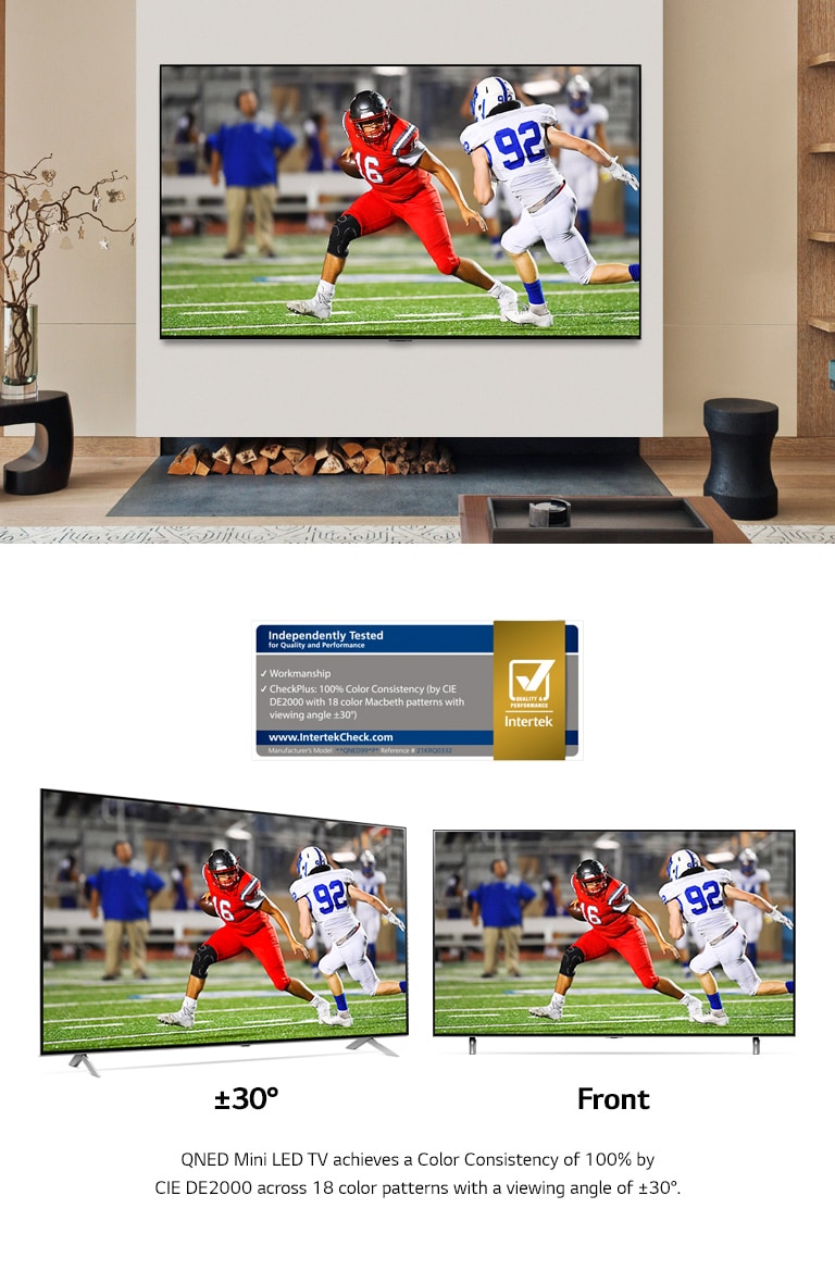 Wandmontierter Fernseher zwischen moderner Einrichtung, der ein Fussballspiel in lebendigen Farben zeigt. Zwei LG QNED MiniLED TVs nebeneinander zeigen ein Fussballspiel, einmal von vorn und einmal aus einem abgewinkelten Betrachtungswinkel. Die Wiedergabe bleibt aus beiden Blickwinkeln gleich lebendig und präzise.