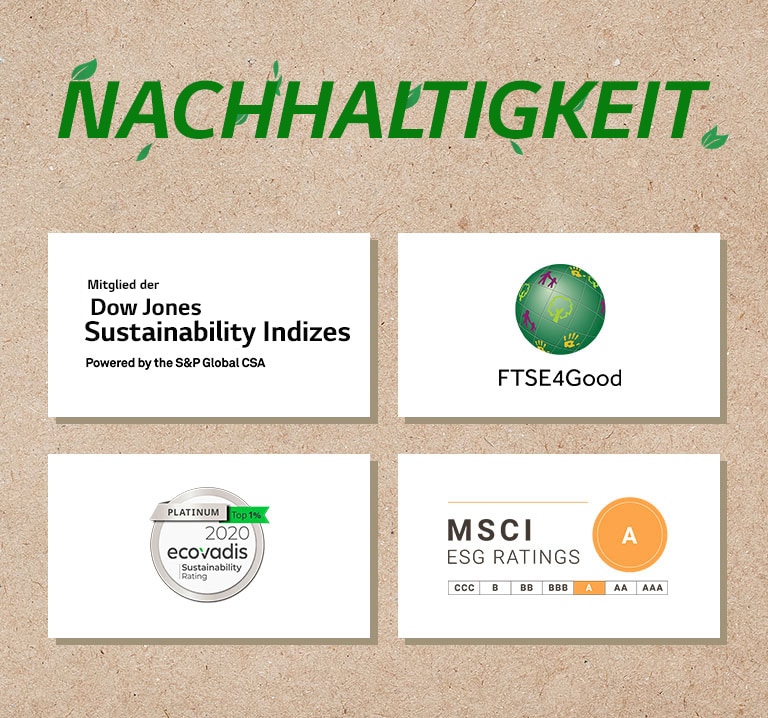 Logo der Dow Jones Sustainability Indices. Logo von FTSE4Good. Logo des Ecovadis Sustainability Rating. Logo der MSCI ESG Ratings.