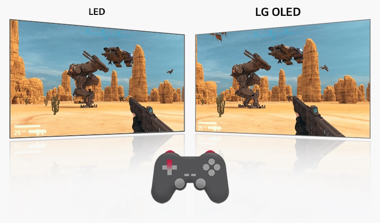 Im auf einem LG OLED TV wiedergegebenen Gameplay-Video schießt ein Krieger mit einer Waffe auf den Feind, während die Taste der Steuerung gleichzeitig gedrückt und die Verzögerung auf dem LED-Display deutlich wird. (das Video abspielen)