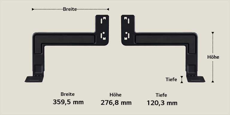 Zwei Komponenten von WOW Bracket in Längsrichtung auf einem beigen Hintergrund. Die Breite, Höhe und Tiefe ist beschriftet und durch Pfeile dargestellt. Unten stehen die folgenden Angaben: Breite 359,5 mm, Höhe 276,8 mm, Tiefe 120,3 mm.