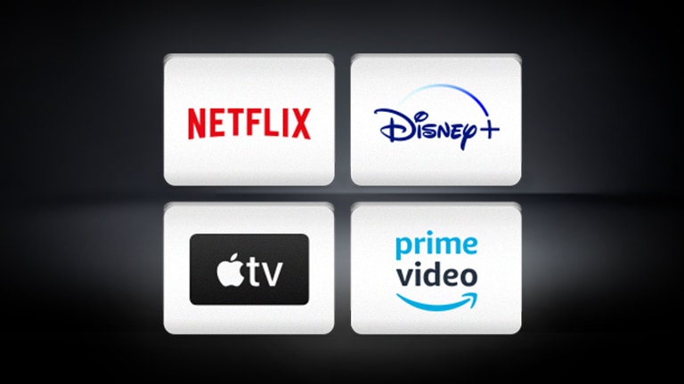 Die Logos von Netflix, Disney+, Apple TV und Amazon Prime Video sind horizontal vor einem schwarzen Hintergrund angeordnet.