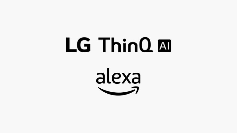 Auf dieser Karte werden Sprachbefehle beschrieben. Die Logos von LG ThinQ AI und Amazon Alexa sind zu sehen.