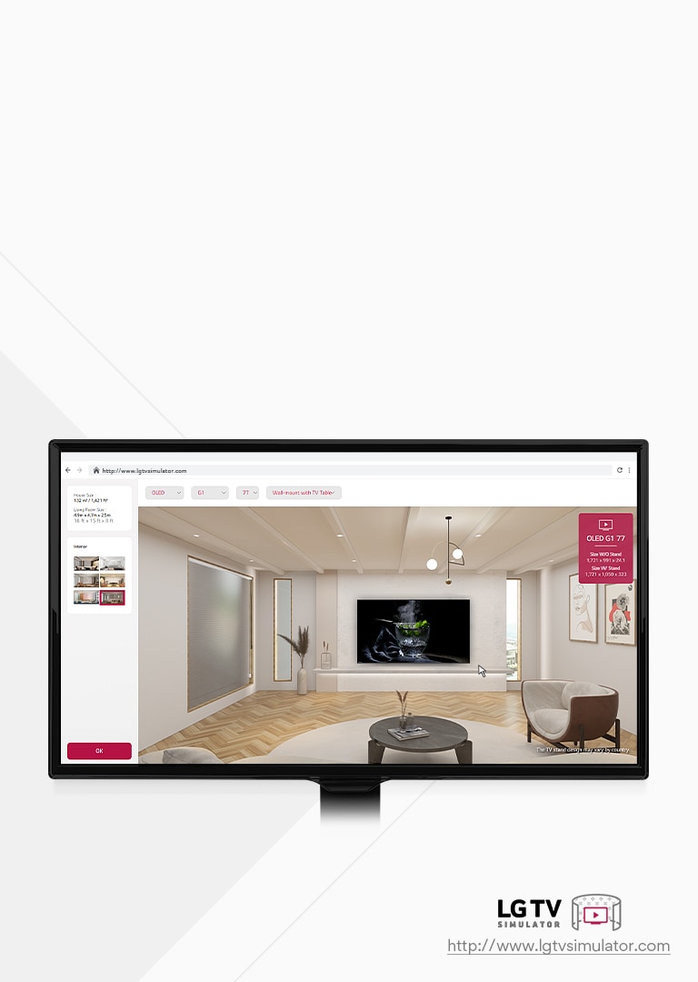 Dies ist ein erklärendes Bild eines Simulators, mit dem Sie alle LG TV-Modelle in einem virtuellen Raum platzieren können.