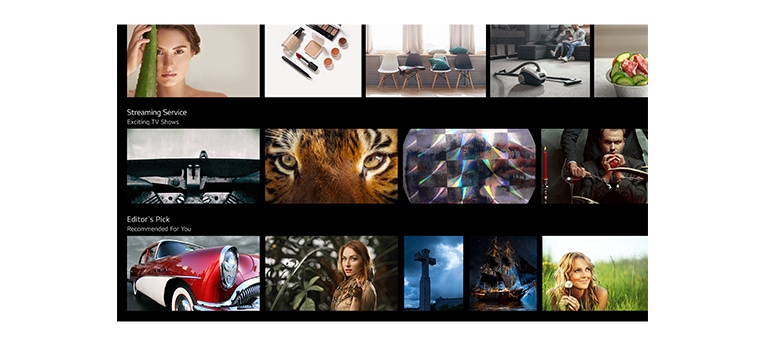 Ein TV-Bildschirm mit verschiedenen Inhalten, die von LG ThinQ AI aufgelistet und empfohlen werden