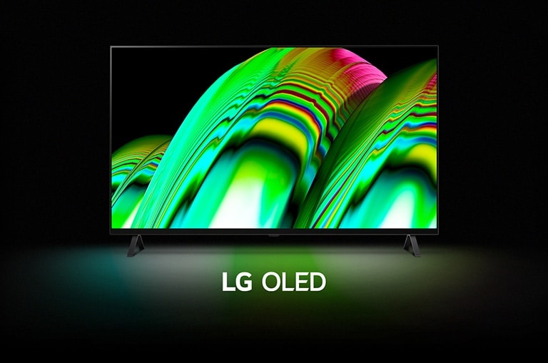 Ein grünes, abstraktes Wellenmuster füllt den Bildschirm aus, dann wird allmählich herausgezoomt, um den LG OLED TV A2 zu zeigen. Der Bildschirm wird schwarz und zeigt dann wieder das Wellenmuster mit dem Schriftzug „LG OLED“ darunter.