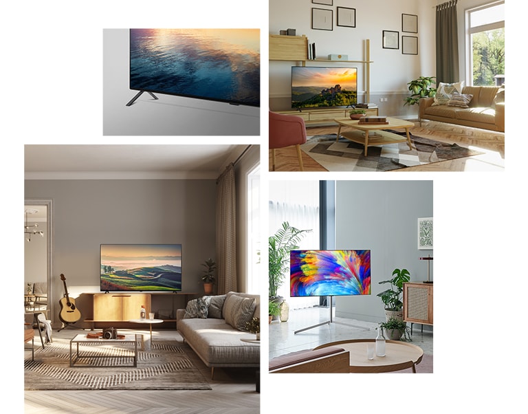 Seitenansicht des Sockels des LG OLED TV A2.  Ein LG OLED TV A2 steht auf einem hölzernen Möbrl in einem neutral eingerichteten Wohnzimmer mit Pflanzen und Büchern. Ein LG OLED TV A2 mit Gallery-Standfuß steht in der Ecke eines mintfarbenen Raums mit mehreren Pflanzen. Ein LG OLED TV A2 steht auf einem hölzernen Möbrl in einem neutral eingerichteten Wohnzimmer mit Gitarre, Kamera und Pflanzen.