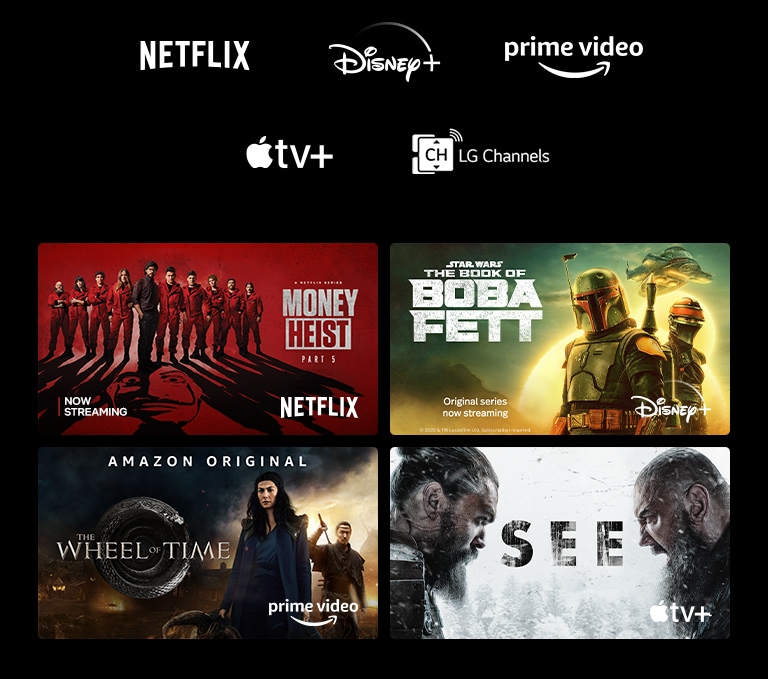 Ein Poster von Money Heist von Netflix, The Book of Boba Fett von Disney Plus, The Wheel of Time von Prime Video, See von Apple TV Plus und Insecure von HBO Max