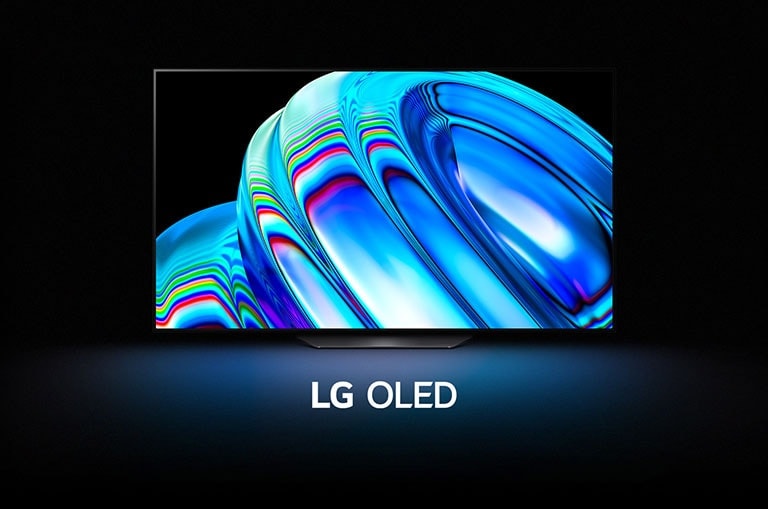 A blue abstract wave pattern fills the screen then gradually zooms out to reveal the LG OLED B2. The screen goes black then displays the wave pattern again with the words "LG OLED" underneath.