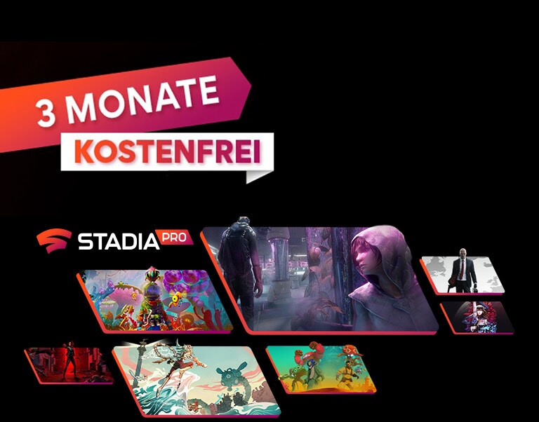 Auf einem dunklen Hintergrund mit roten Funkenpartikeln sind Bilder von verschiedenen Spielen zu sehen, die in Stadia gespielt werden können.