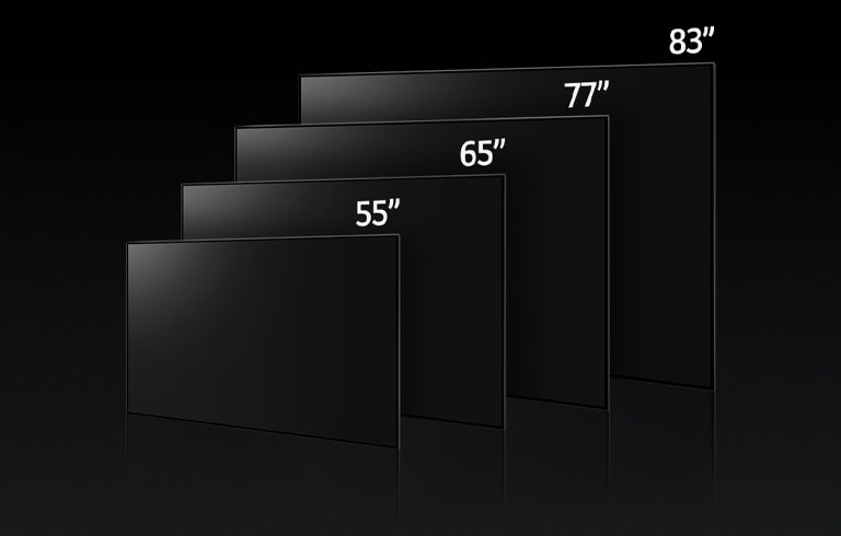 Ein Bild, auf dem die verschiedenen Grössen der LG OLED evo TV G3-Serie verglichen werden - mit 55 Zoll, 65 Zoll, 77 Zoll und 83 Zoll.