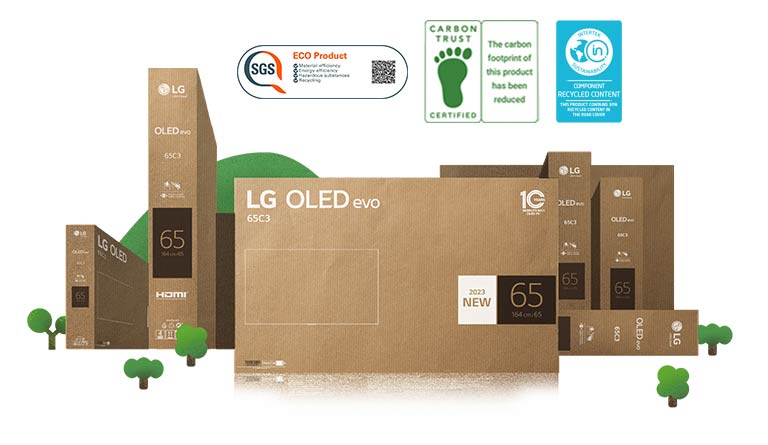 Umweltfreundliche LG OLED-Kartonverpackungen mit Abbildungen von grünen Bäumen und einem Berg.