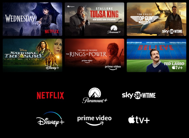 Ein Poster von Wednesday von Netflix, National Treasure von Disney+, The Rings of Power von Prime Video, Ted Lasso von Apple TV Plus und ein Standbild von LG Channels mit einem Leoparden in der Wildnis.