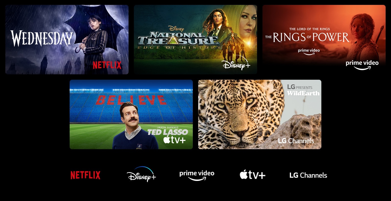 Ein Poster von Wednesday von Netflix, National Treasure von Disney+, The Rings of Power von Prime Video, Ted Lasso von Apple TV Plus und ein Standbild von LG Channels mit einem Leoparden in der Wildnis.