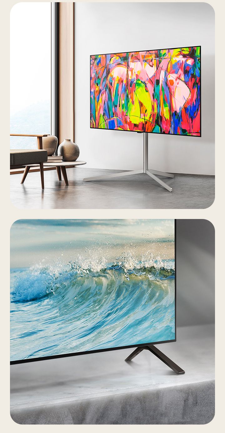 Eine untere Ecke des LG OLED TV B4 steht auf einer Marmorfläche. Eine blaue Welle ist auf dem Bildschirm zu sehen. Der LG OLED TV B4 auf einem Ständer in einem minimalistischen Raum.