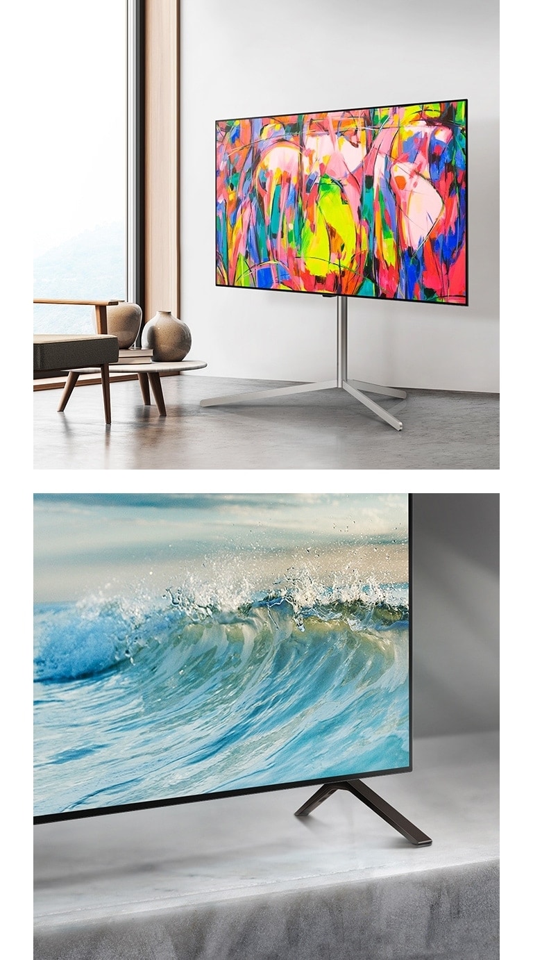 Eine untere Ecke des LG OLED TV B4 steht auf einer Marmorfläche. Eine blaue Welle ist auf dem Bildschirm zu sehen.   Der LG OLED TV B4 auf einem Ständer in einem minimalistischen Raum.