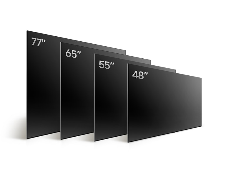 Comparing LG OLED TV, OLED B4's varying sizes, showing OLED B4 48&quot;, OLED B4 55&quot;, OLED B4 65&quot;, OLED B4 77&quot;.