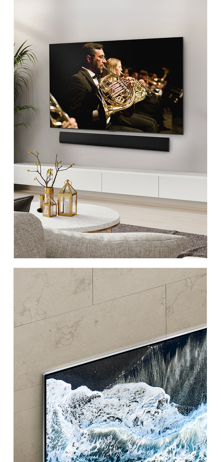 Der LG OLED evo TV G4 in einem perspektivischen Winkel vor einer marmorierten Wand, der zeigt, wie der Fernseher mit der Wand verschmilzt.   Der LG OLED evo TV G4 und eine LG Soundbar in einem minimalistischen Wohnraum flach an der Wand mit einer Orchesteraufführung auf dem Bildschirm.