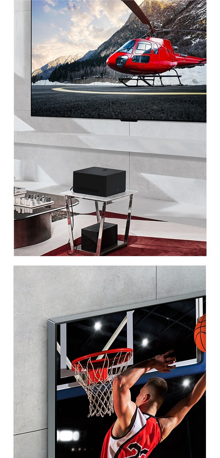 Kairėje – LG OLED evo M4 ekranas LG OLED evo M4 kampiniu perspektyviniu stambiu planu, prigludęs prie marmurinės sienos ir rodantis, kaip jis susilieja su siena. Dešinėje – LG OLED evo M4 televizorius LG OLED evo M4, plokščiai pritvirtintas prie sienos, o „Zero Connect Box“ įrenginys padėtas priekyje, įrenginiai tvarkingai sudėti po juo.