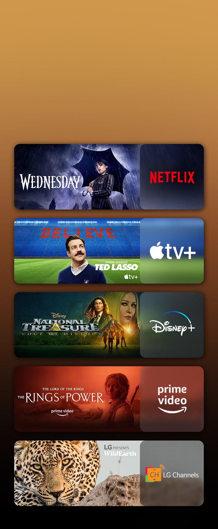 Die Logos der Streaming-Dienste sind abgebildet und daneben die passenden Ausschnitte aus Filmen und Serien. Es gibt Bilder von Wednesday auf Netflix, TED LASSO auf Apple TV, National Treasure auf Disney Plus, The rings of power auf PRIME VIDEO und leopard auf LG CHANNELS.