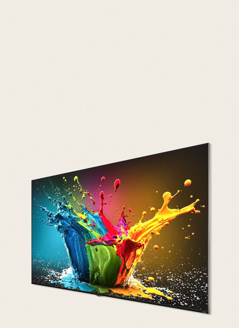 LG QNED MiniLED QNED91-Bildschirm mit farbenfrohem Motiv.