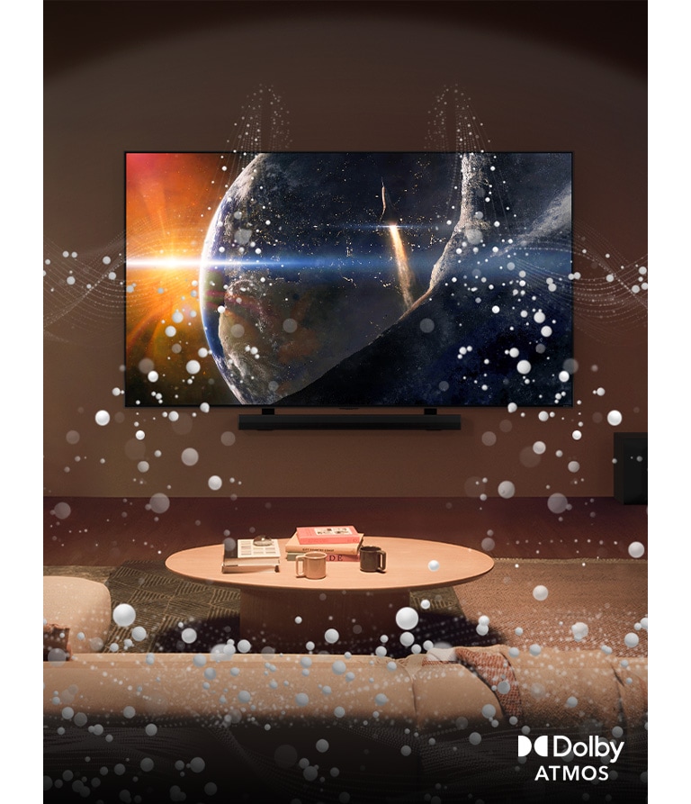 Ein Wohnzimmer mit Blick nach vorne. Eine undurchsichtige, weisse Kuppel erstreckt sich über den Raum und helle Kreisgrafiken umgeben den Raum. Dolby Atmos®-Logo in der unteren linken Ecke.