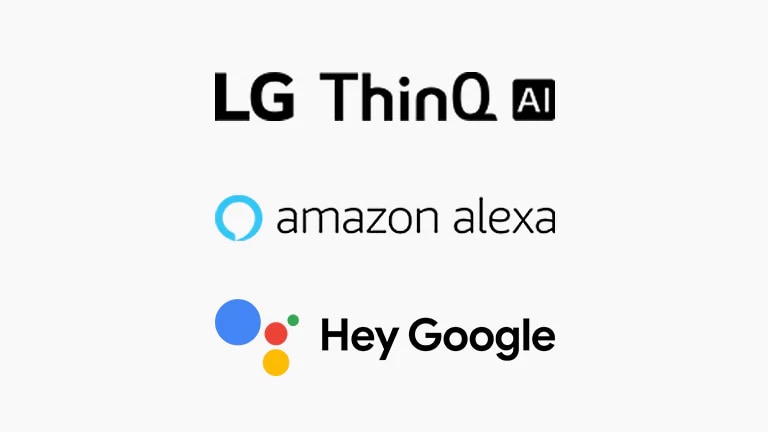 Die Logos für LG ThinQ AI und Amazon Alexa sind senkrecht auf weissem Hintergrund ausgerichtet.