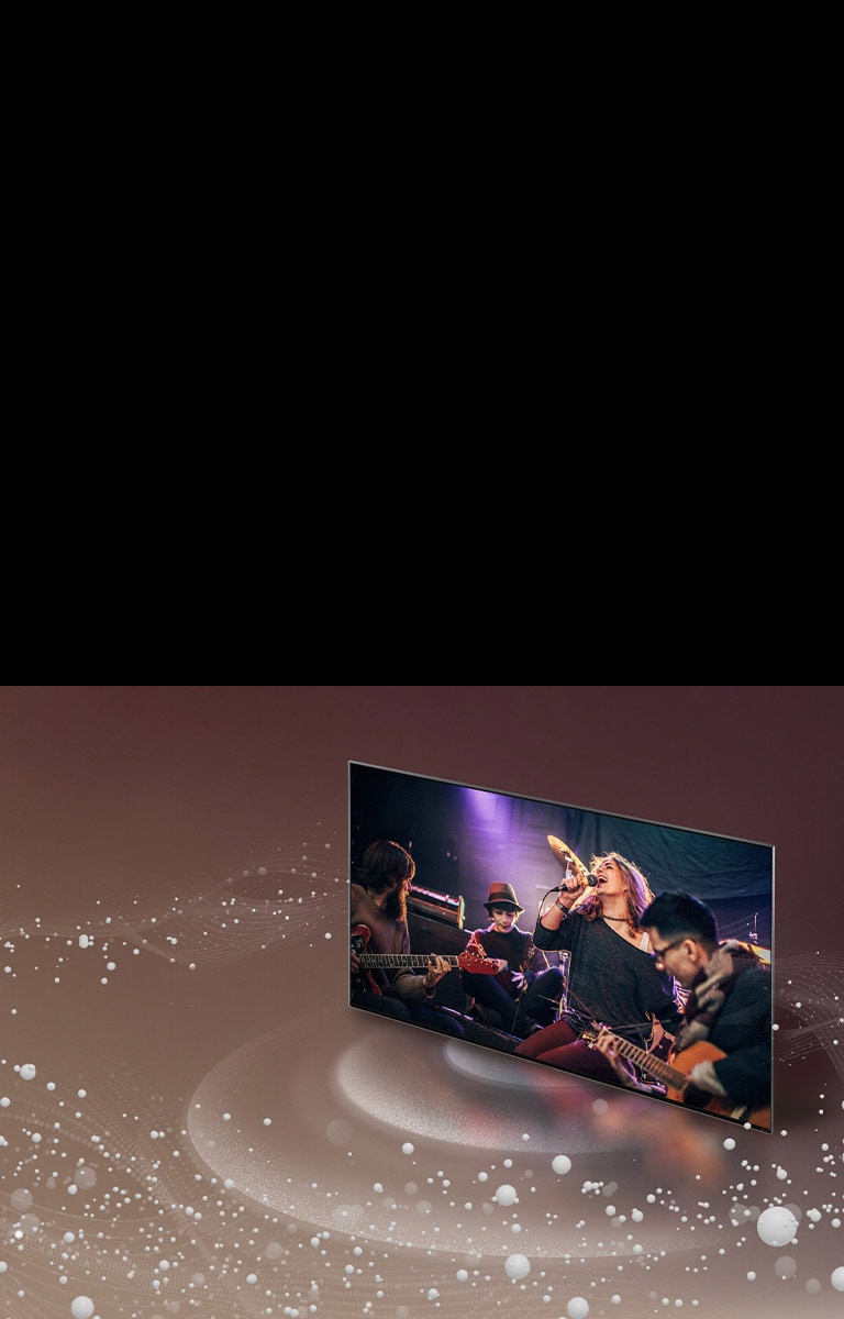 LG TV zeigt Musiker bei einem Auftritt, mit hellen Kreisgrafiken um den Raum.