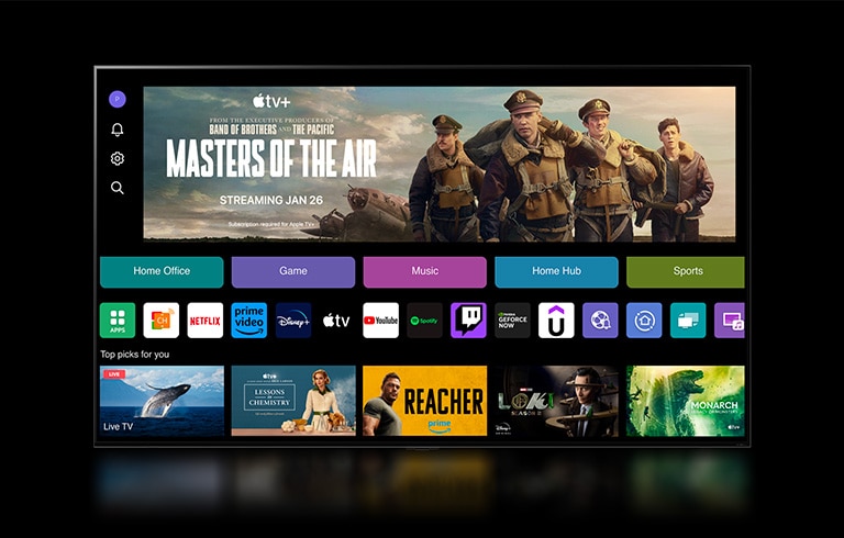 Der webOS 24-Startbildschirm mit den Kategorien „Home Office“, „Spiele“, „Musik“, „Home Hub“ und „Sport“. Unten auf dem Bildschirm werden unter „Top-Tipps für Sie“ personalisierte Empfehlungen angezeigt.