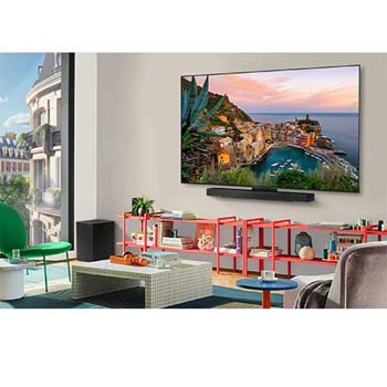 LG AI Magic Remote-Fernbedienung im Vordergrund. Der AI Button ist hervorgehoben. Im Hintergrund ist die LG webOS-Oberfläche zu sehen. Der Mauszeiger zeigt an, dass die Fernbedienung in Gebrauch ist. Der Text erklärt, wie die Funktionen und Bedienelemente der Fernbedienung das Navigieren in webOS erleichtern.