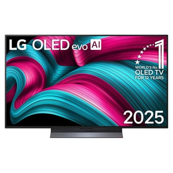 Frontansicht des LG OLED evo AI C5 4K Smart TV. Ein "12 Years of world number 1 OLED"-Emblem und das "LG OLED AI 2025"-Logo sind auf dem Bildschirm zu sehen.