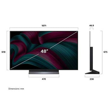 Frontansicht und Seitenansicht des LG OLED evo AI C5 4K Smart TV mit den Abmessungen der Länge, Breite, Höhe und Tiefe.
