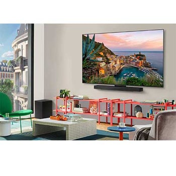 LG AI Magic Remote-Fernbedienung im Vordergrund. Der AI Button ist hervorgehoben. Im Hintergrund ist die LG webOS-Oberfläche zu sehen. Der Mauszeiger zeigt an, dass die Fernbedienung in Gebrauch ist. Der Text erklärt, wie die Funktionen und Bedienelemente der Fernbedienung das Navigieren in webOS erleichtern.