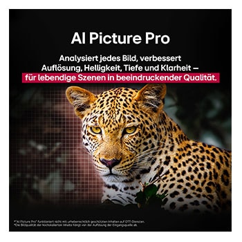 Leopard im Wald in leuchtenden Farben und Details. Neben dem Leopard ist ein Gitternetz zu sehen. Hinter ihm leuchtet ein Licht. Das Bild zeigt, wie LG AI Picture Pro die Auflösung, Helligkeit, Tiefe und Klarheit der Szene eindrucksvoll verbessert hat.