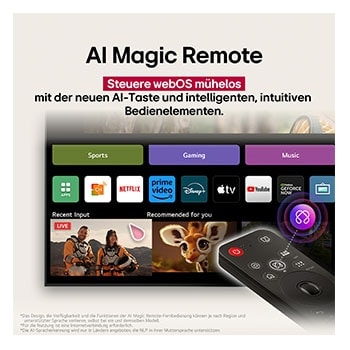 LG AI Magic Remote-Fernbedienung im Vordergrund. Der AI Button ist hervorgehoben. Im Hintergrund ist die LG webOS-Oberfläche zu sehen. Der Mauszeiger zeigt an, dass die Fernbedienung in Gebrauch ist. Der Text erklärt, wie die Funktionen und Bedienelemente der Fernbedienung das Navigieren in webOS erleichtern. 
