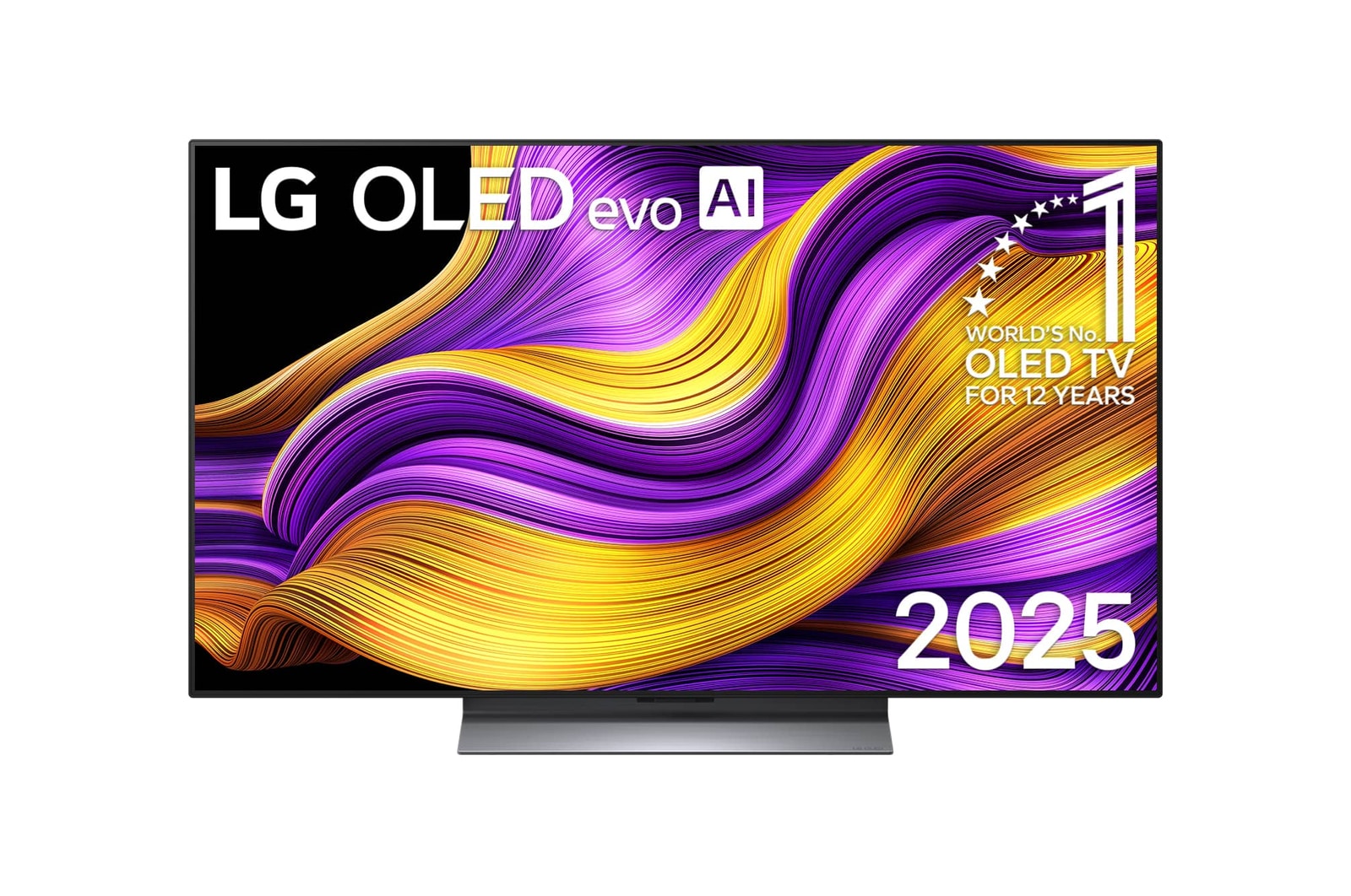 Frontansicht des LG OLED evo AI G5 4K Smart TV. Ein "12 Years of world number 1 OLED" -Emblem und das "LG OLED AI 2025"-Logo sind auf dem Bildschirm zu sehen.