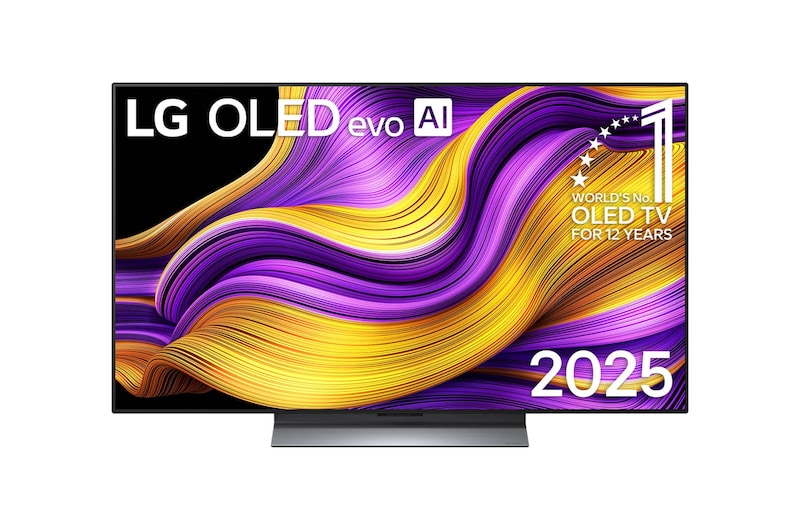 Frontansicht des LG OLED evo AI G5 4K Smart TV. Ein "12 Years of world number 1 OLED" -Emblem und das "LG OLED AI 2025"-Logo sind auf dem Bildschirm zu sehen.