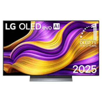 Frontansicht des LG OLED evo AI G5 4K Smart TV. Ein "12 Years of world number 1 OLED" -Emblem und das "LG OLED AI 2025"-Logo sind auf dem Bildschirm zu sehen.